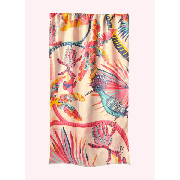 Powder Tropical Paradise Cotton Scarf with colorful jungle print and bird design, ideal for summer wear.