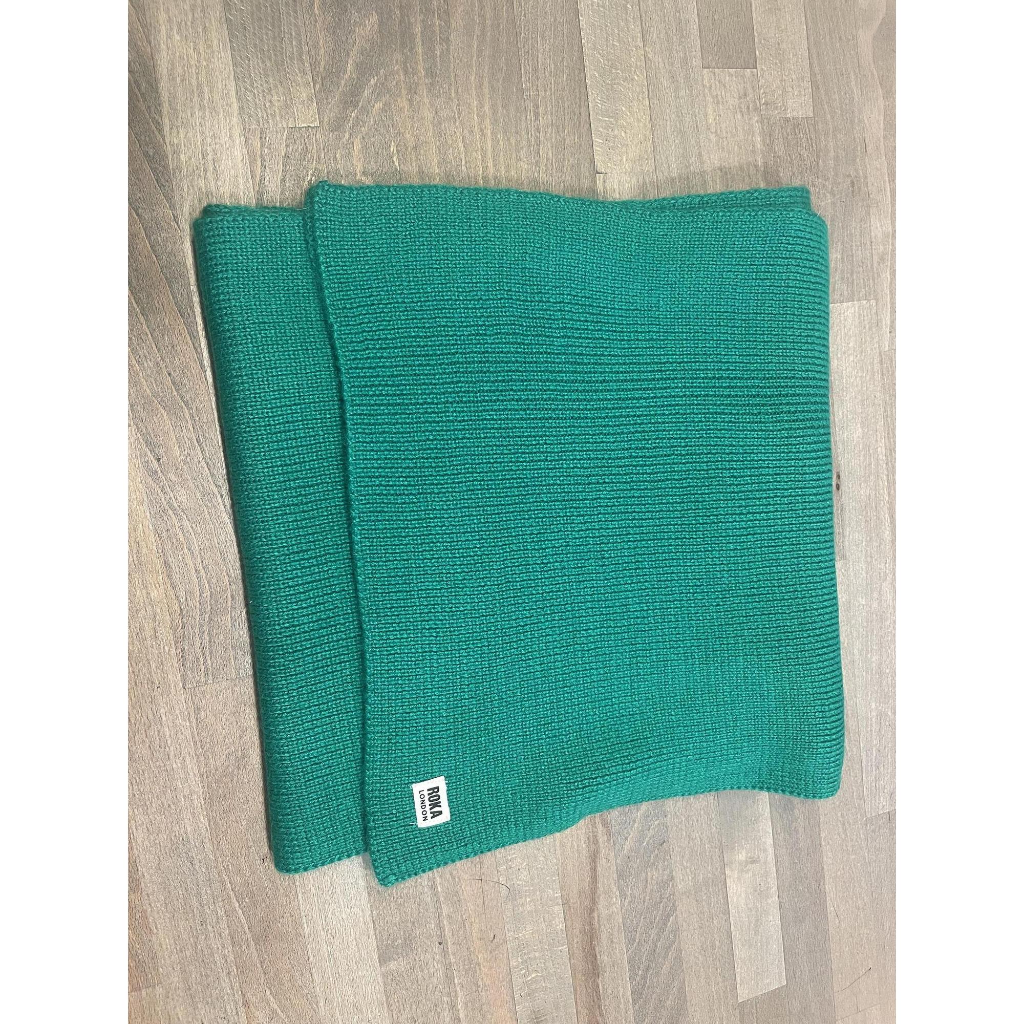 ROKA London Hyde Teal scarf, lightweight knit fabric with brand tag, stylish accessories for cold weather, under 125 characters.