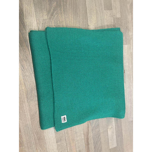 ROKA London Hyde Teal scarf, lightweight knit fabric with brand tag, stylish accessories for cold weather, under 125 characters.