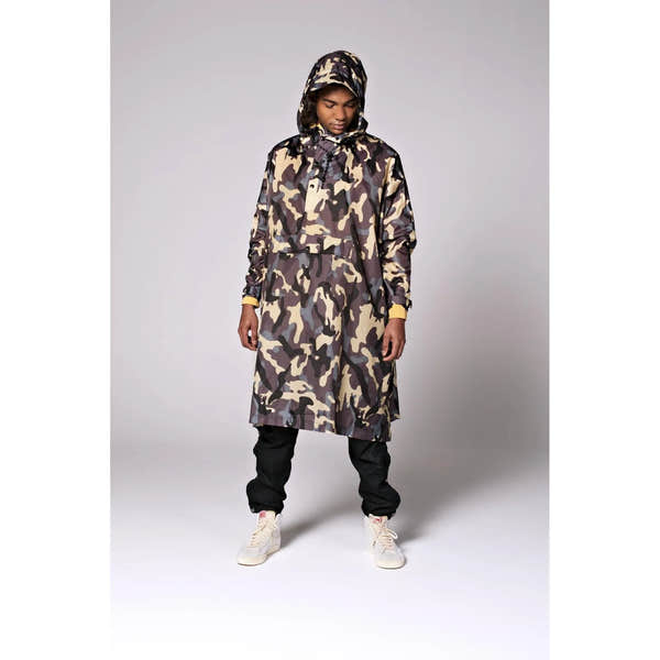 Rainkiss Camo rain poncho with hood, camouflage pattern, long length, and yellow wrist cuffs. Perfect for outdoor rain protection.
