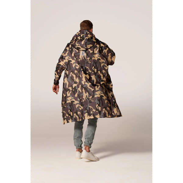 Rainkiss Camo Rain Poncho with camouflage pattern, hood, and waterproof design for outdoor rain protection.