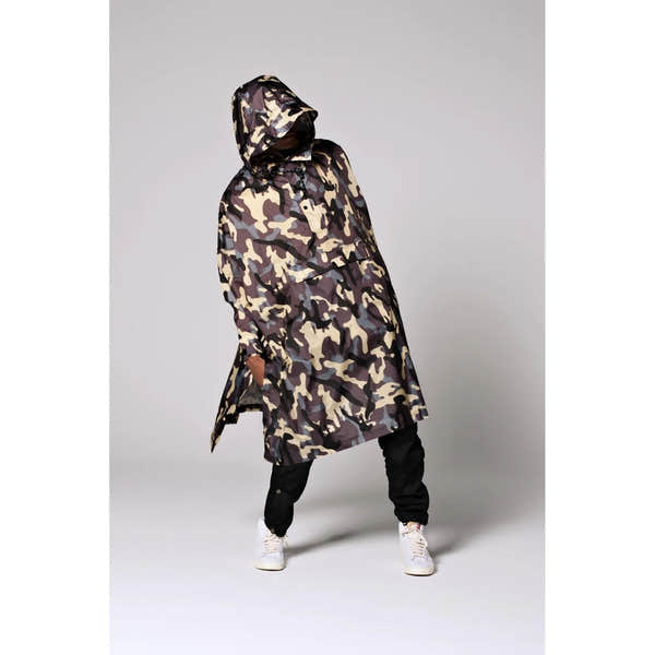 Rainkiss Camo rain poncho with hood, camouflage pattern, water-resistant fabric, and knee-length design.