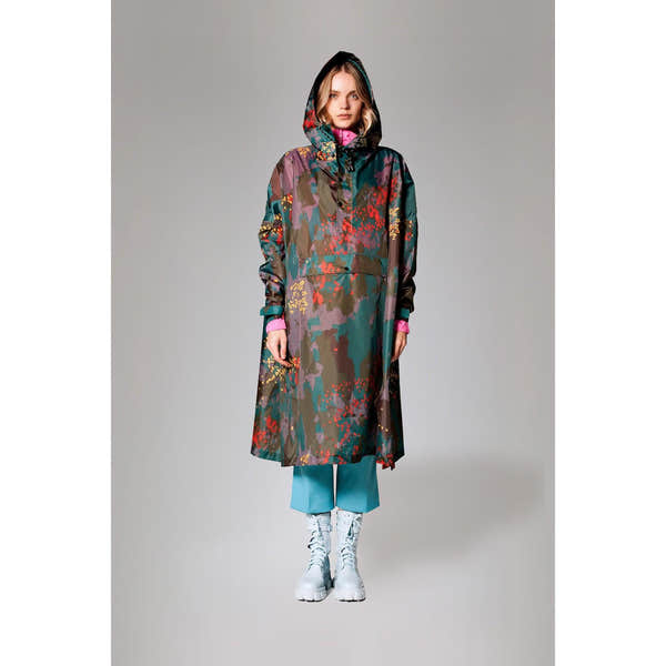 Rainkiss Digi Forest Camo rain poncho with hood, colorful abstract camouflage design, lightweight waterproof fabric, full-length coverage.