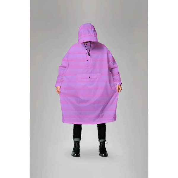 Rainkiss Seeing Stripes Purple Rain Poncho, waterproof raincoat with hood, striped purple design, oversized fit, stylish rain apparel.
