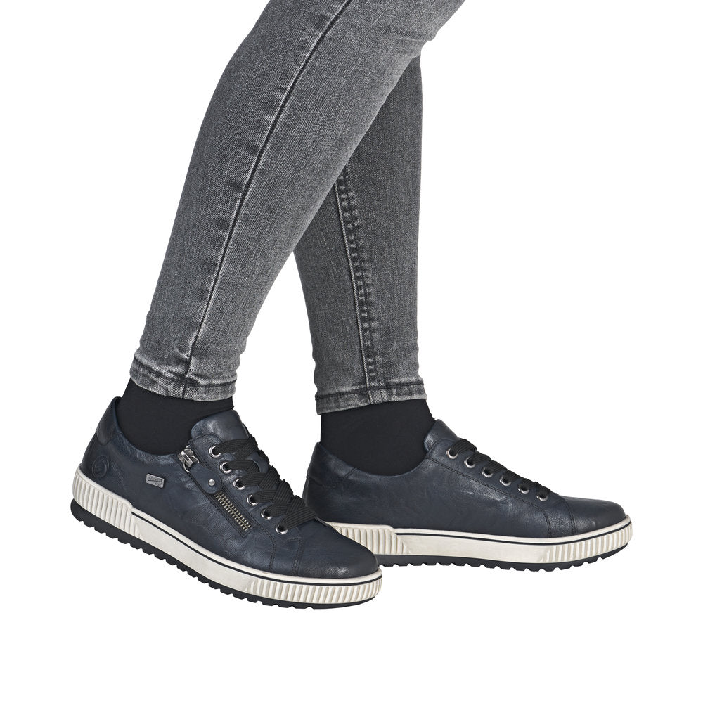 Remonte D0700-15 wide ladies' navy leather water-resistant zip and lace shoes with cushioned soles.