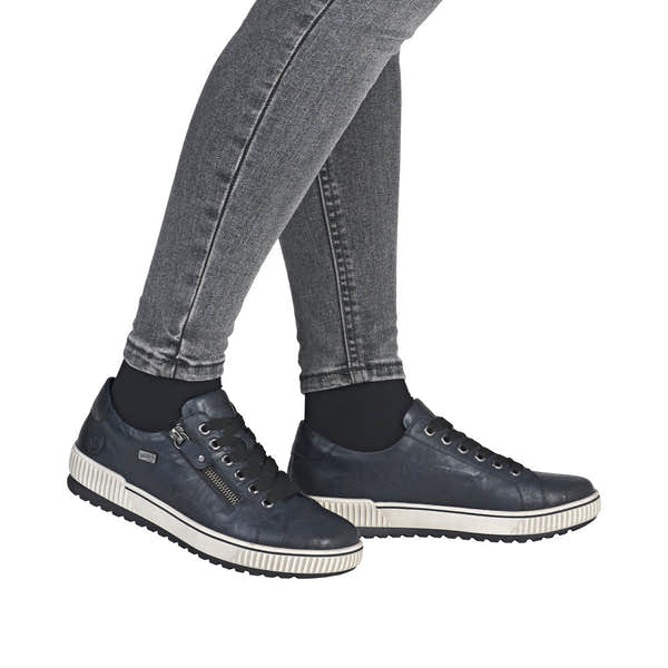 Remonte D0700-15 wide ladies' navy leather water-resistant zip and lace shoes with cushioned soles.