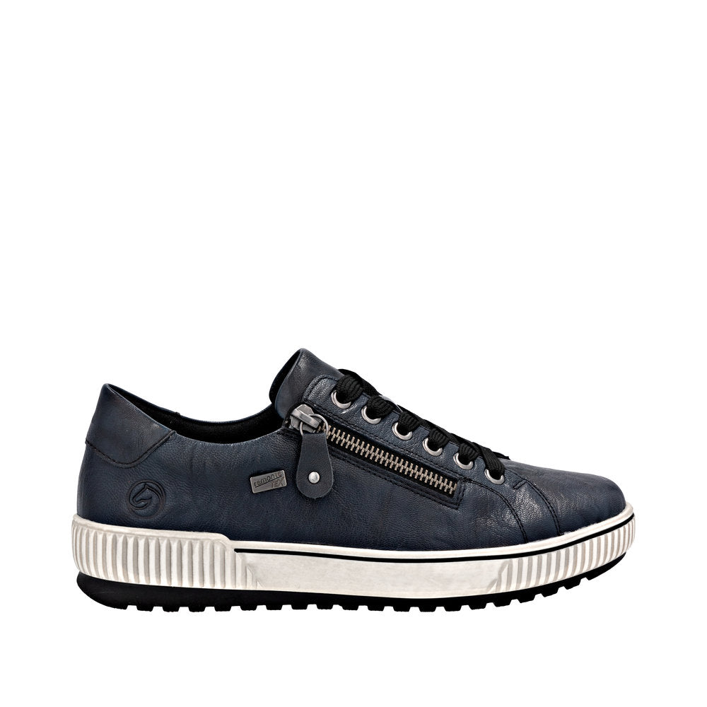 Remonte D0700-15 women's navy leather water-resistant sneakers with zipper and lace, cushioned sole and stylish design.