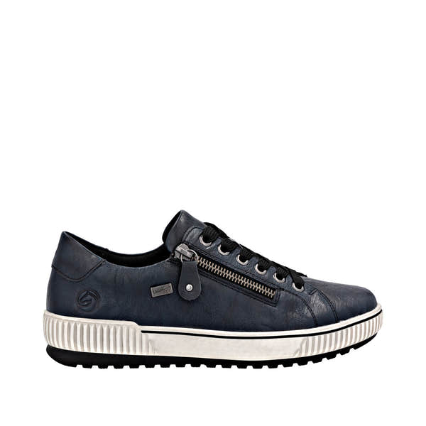 Remonte D0700-15 women's navy leather water-resistant sneakers with zipper and lace, cushioned sole and stylish design.