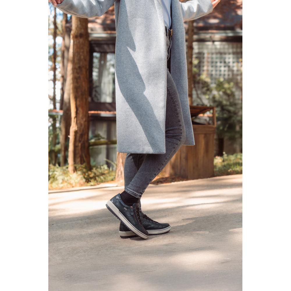 Remonte D0700-15 Ladies Wide Navy Leather Water Resistant Zip & Lace Shoes, stylish outdoor footwear with comfortable design.