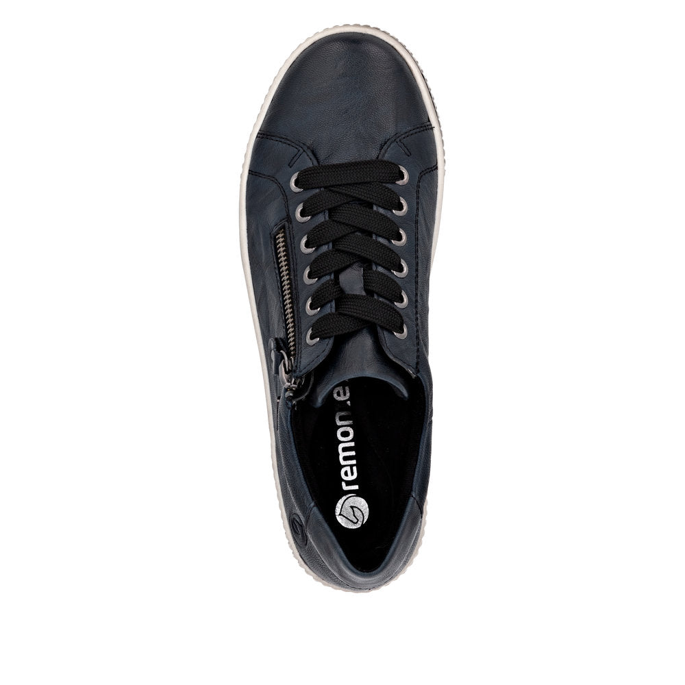 Remonte D0700-15 women's navy leather water-resistant sneakers with zipper and lace-up closure.