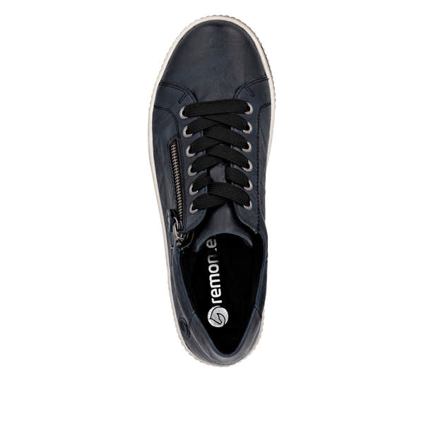 Remonte D0700-15 women's navy leather water-resistant sneakers with zipper and lace-up closure.