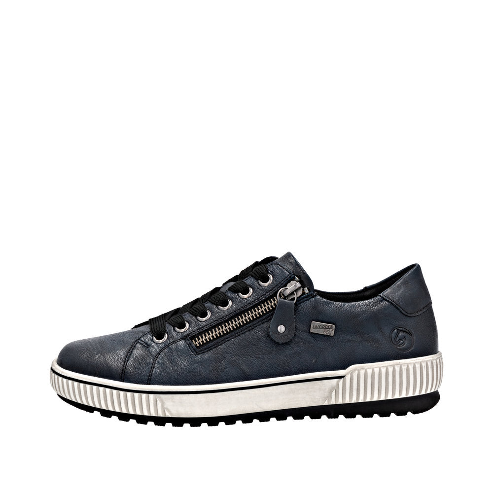 Remonte D0700-15 women's navy leather water-resistant sneakers with zipper and lace closure, cushioned sole, and stylish design.