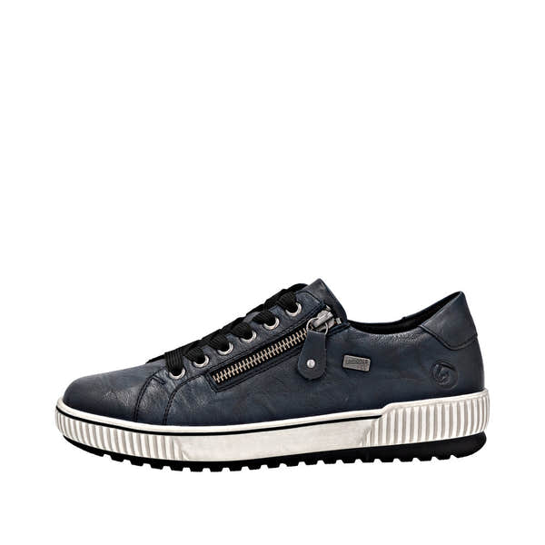 Remonte D0700-15 women's navy leather water-resistant sneakers with zipper and lace closure, cushioned sole, and stylish design.
