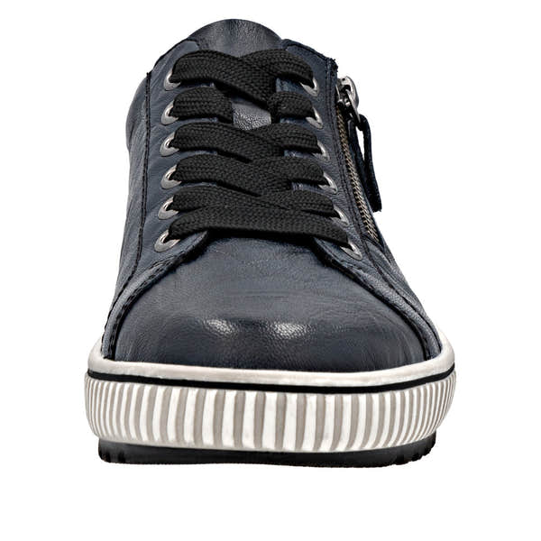 Remonte D0700-15 women's wide navy leather water-resistant zip and lace-up shoes with rubber sole.
