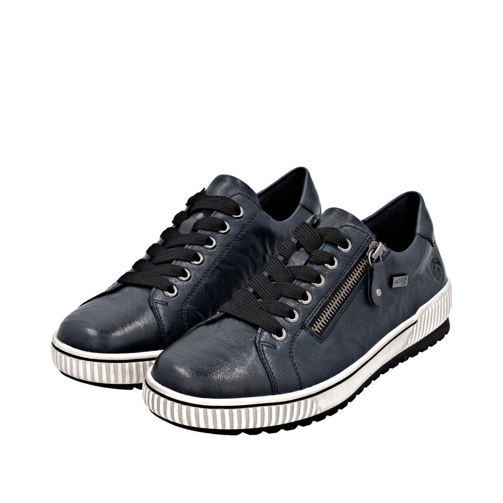 Remonte D0700-15 women's navy leather water-resistant shoes with zip and lace fastenings, cushioned sole, and sporty design.