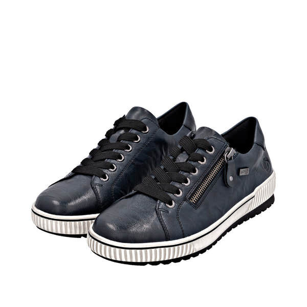 Remonte D0700-15 women's navy leather water-resistant shoes with zip and lace fastenings, cushioned sole, and sporty design.
