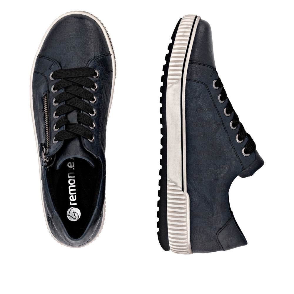 Remonte D0700-15 women's navy leather water-resistant sneakers with zip and lace-up closure, wide fit, and rubber sole.