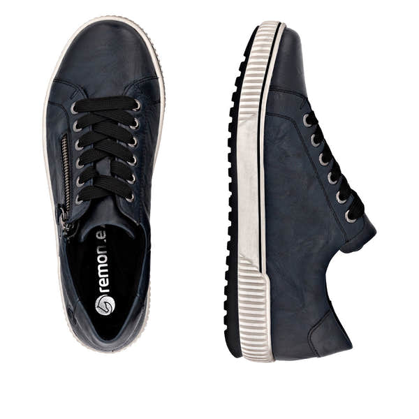Remonte D0700-15 women's navy leather water-resistant sneakers with zip and lace-up closure, wide fit, and rubber sole.