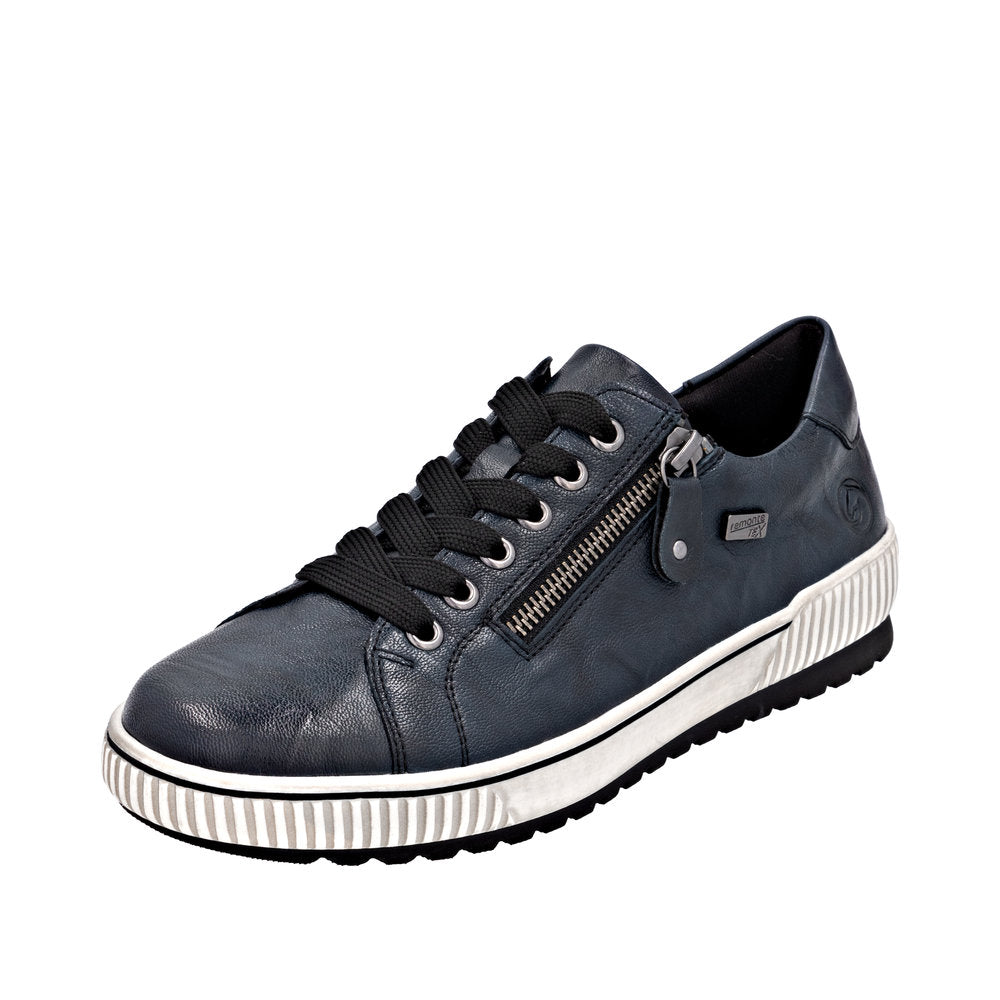 Remonte D0700-15 women's navy leather water-resistant sneakers with zip and lace closure, cushioned sole, and stylish design.