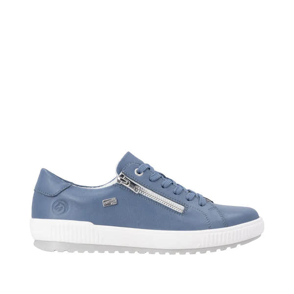Blue leather lace-up and zip shoes with white soles, featuring a water-resistant design and sporty aesthetic.