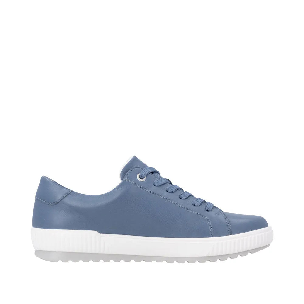 Water-resistant blue leather women's sneakers with lace-up design and white rubber soles. Casual and stylish.