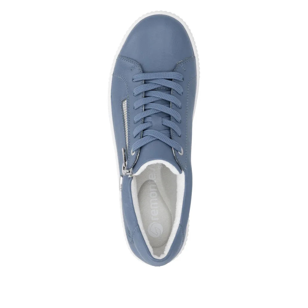 Blue leather lace-up and zip shoes with a white outsole, featuring a streamlined design and water-resistant materials.
