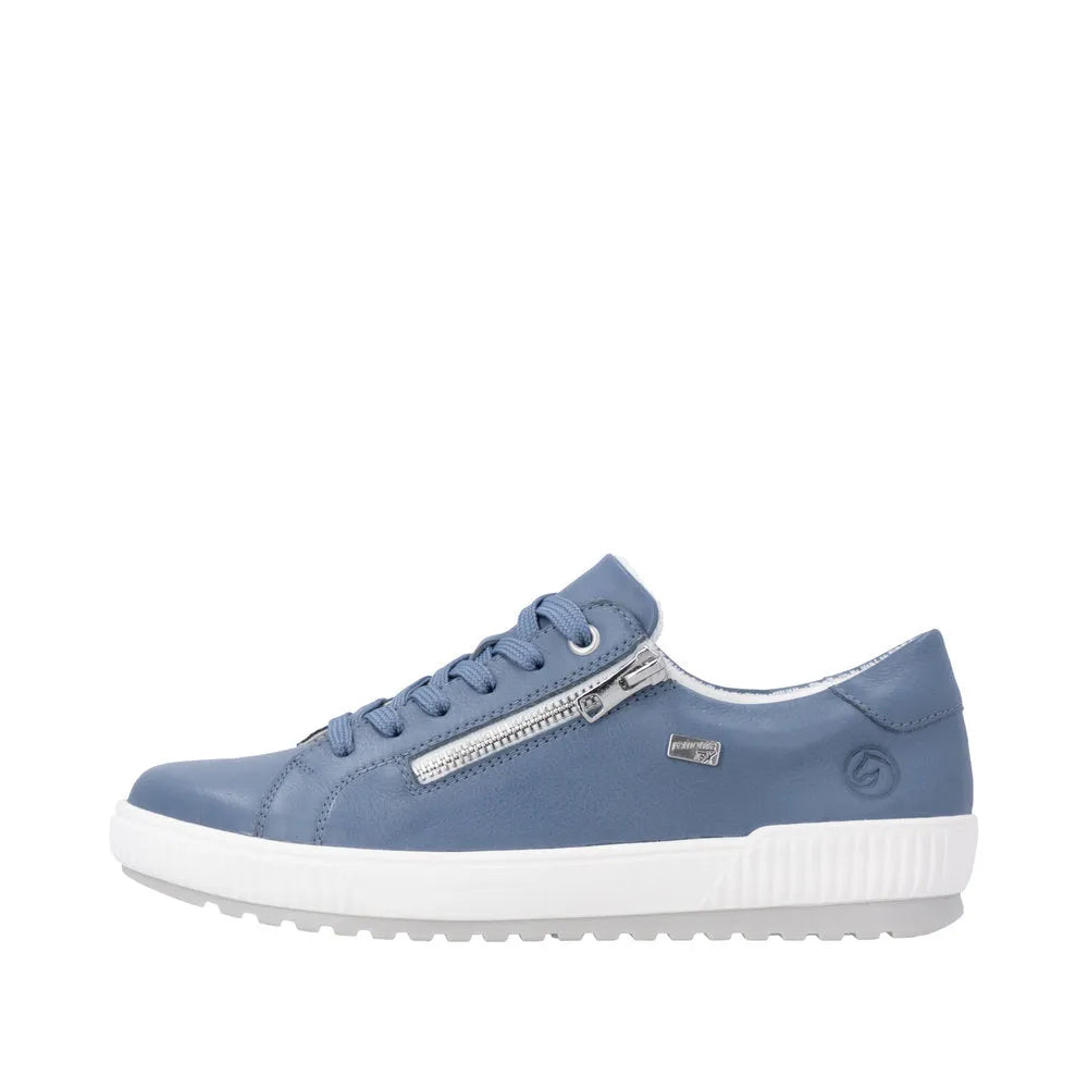 Blue leather lace-up shoes with a side zipper, water-resistant design, and white rubber sole.