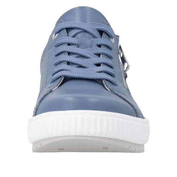 Blue leather zip and lace shoes with white rubber sole, featuring lace-up front and water-resistant design.