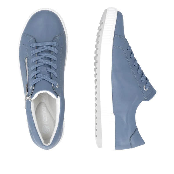 Light blue leather sneakers with zip and lace closure, water-resistant, featuring a white rubber sole.