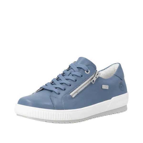 Light blue leather lace-up shoes with a side zipper, white sole, and water-resistant features, ideal for casual wear.
