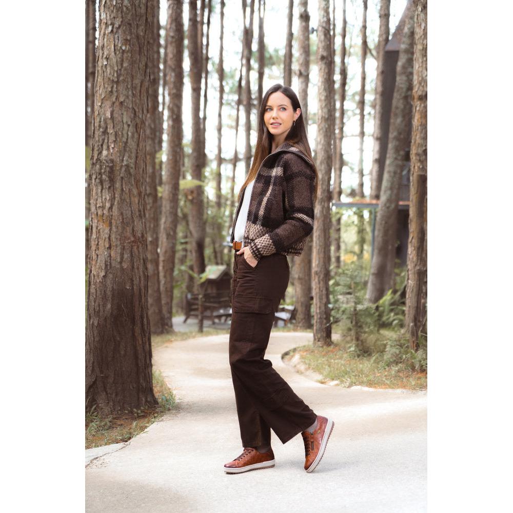 Ladies' wide fit brown leather water-resistant shoes with zip and lace closure, worn outdoors in a forest setting.