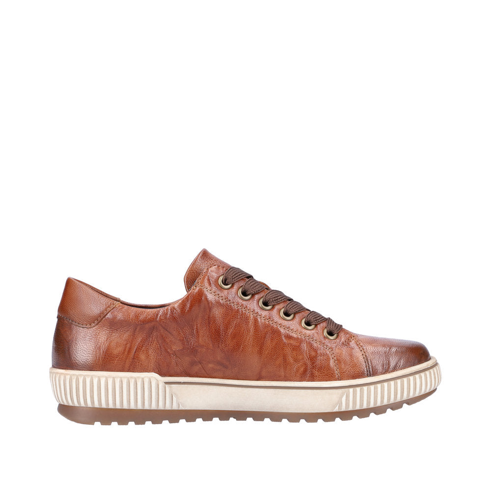 Remonte D0700-22 women's wide brown leather water-resistant zip and lace-up casual shoes with striped rubber sole.