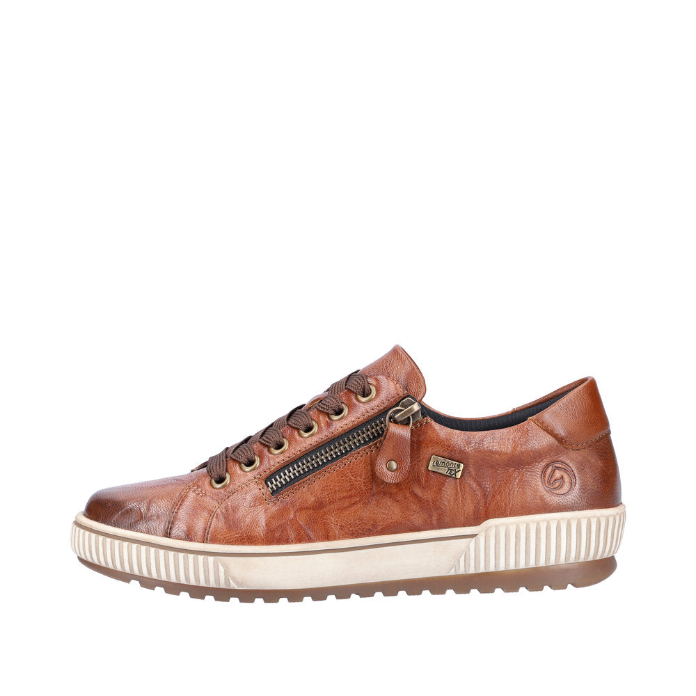 Remonte D0700-22 women's wide brown leather water-resistant casual shoes with zipper and lace-up design.