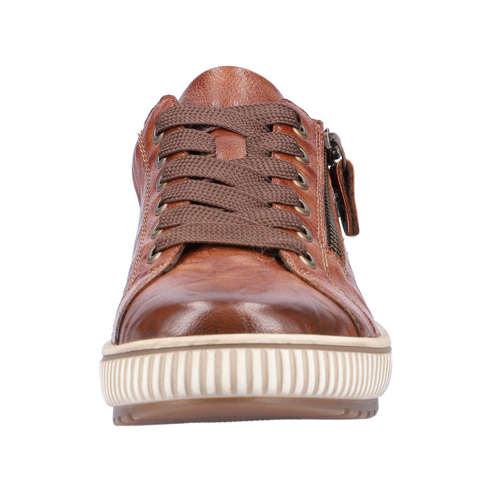 Remonte D0700-22 women's wide brown water-resistant leather sneakers with zip and lace closure.