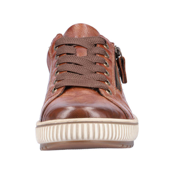 Remonte D0700-22 women's wide brown water-resistant leather sneakers with zip and lace closure.