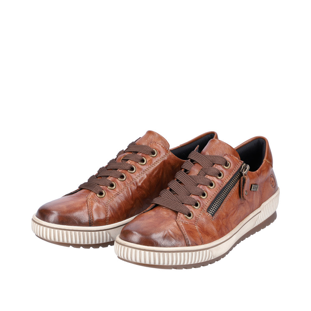 Remonte D0700-22 women's wide fit brown leather water-resistant sneakers with zip and lace, cushioned sole.