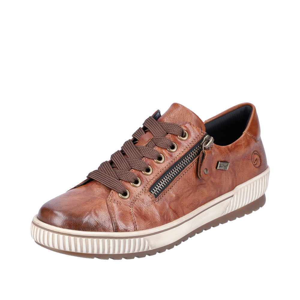 Remonte D0700-22 women's wide brown leather water-resistant sneakers with zip and lace fastening.