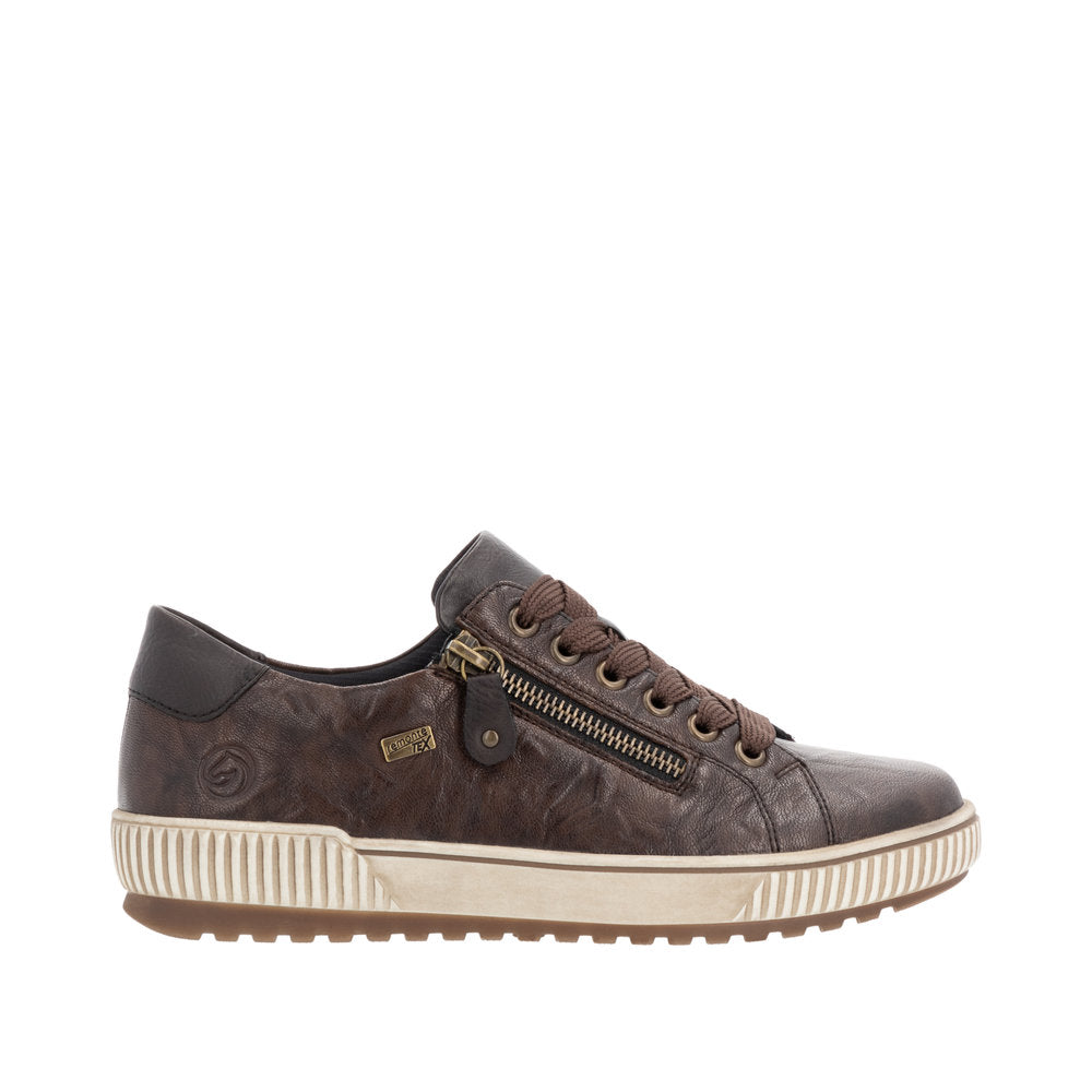 Remonte D0700-25 women's wide brown leather water-resistant lace-up shoes with zipper, rugged sole, and stylish design.