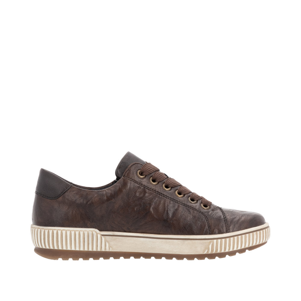 Remonte D0700-25 women's wide-fit brown leather water-resistant sneakers with zip and lace-up closure.