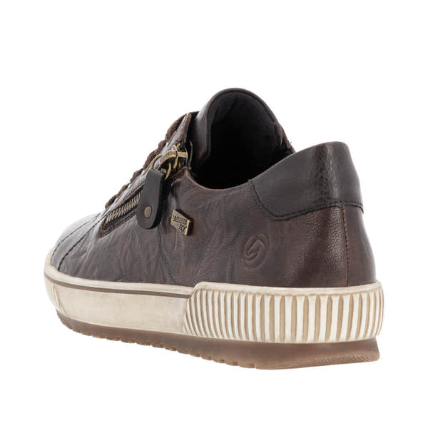 Remonte D0700-25 women's wide brown leather water-resistant sneakers with zip and lace-up closure.
