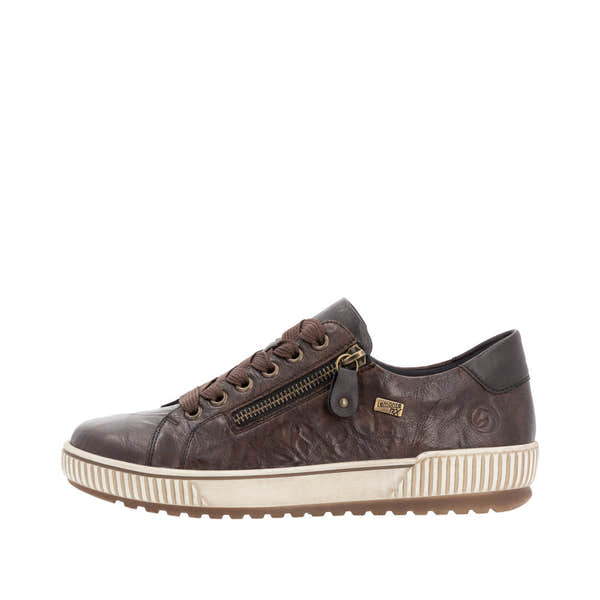 Remonte D0700-25 women's wide brown leather water-resistant sneakers with zipper and lace closure.