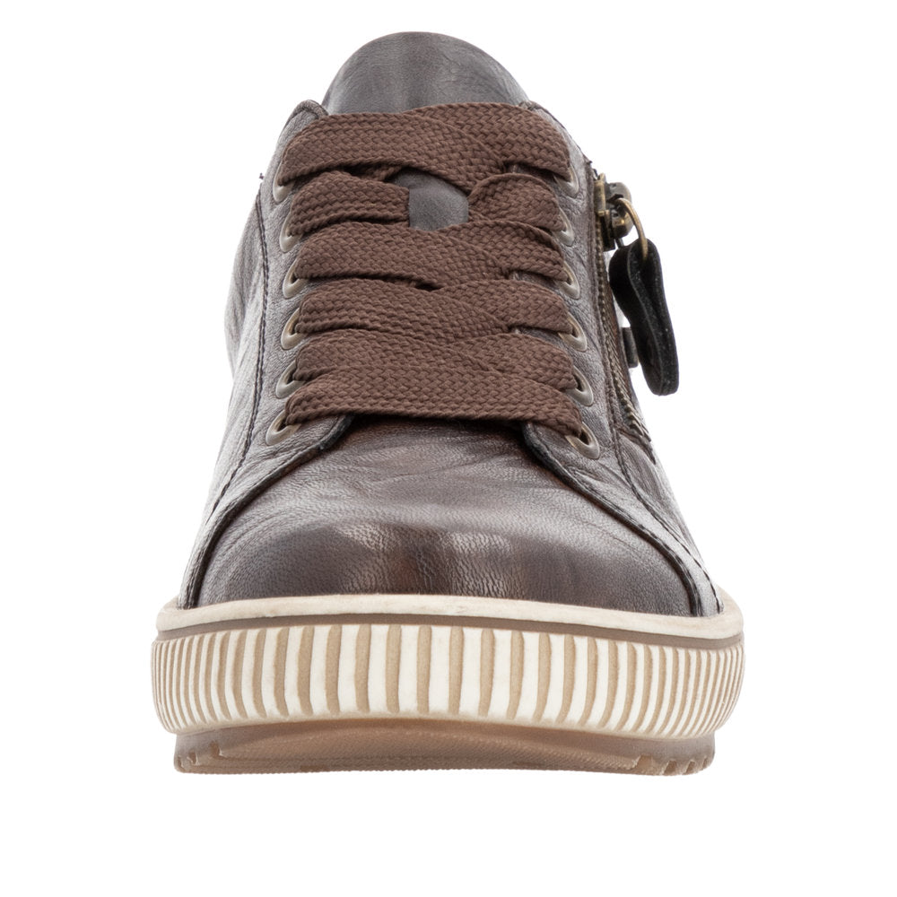 Remonte D0700-25 women's wide brown leather water-resistant shoes with zip, lace-up closure, and textured rubber sole.