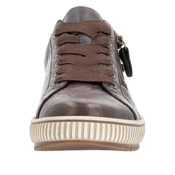 Remonte D0700-25 women's wide brown leather water-resistant shoes with zip, lace-up closure, and textured rubber sole.
