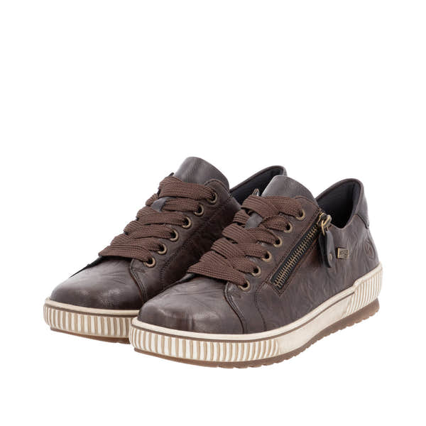 Remonte D0700-25 women's wide fit brown leather water-resistant sneakers with zip and laces, V-shaped design, and textured sole.
