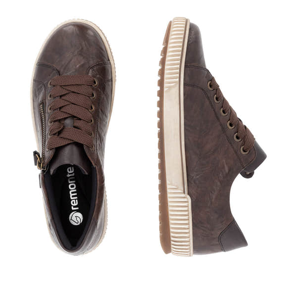 Remonte D0700-25 women's wide brown leather water-resistant zip and lace-up shoes with chunky rubber outsole.