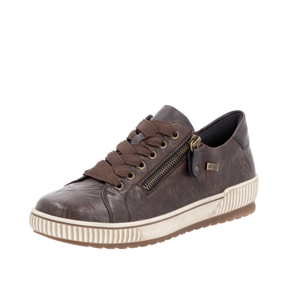 Remonte D0700-25 women's wide brown leather water-resistant sneakers with zip and lace closure, featuring a durable sole.