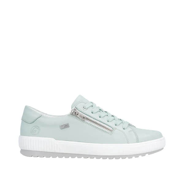 Remonte women's mint leather sneakers with water-resistant finish, featuring laces, a side zipper, and a white rubber sole.