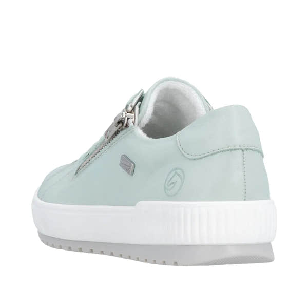 Ladies mint leather water-resistant shoes with zipper and lace, white sole, and soft interior lining.