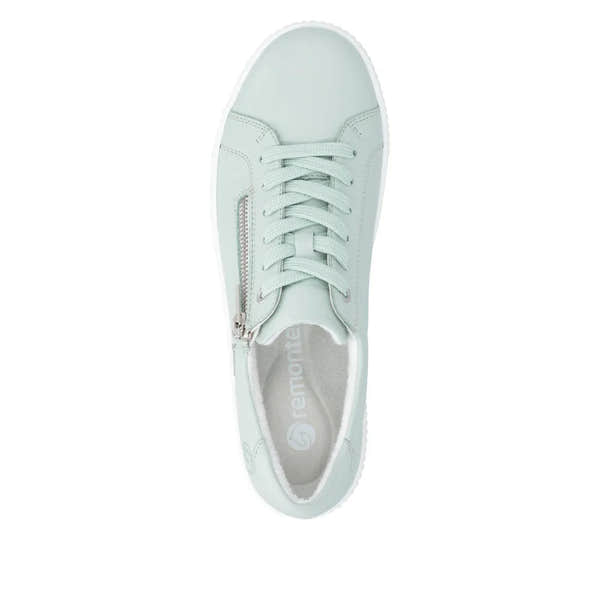 Ladies mint leather water-resistant sneakers with zip and lace closure, cushioned interior, and textured sole.