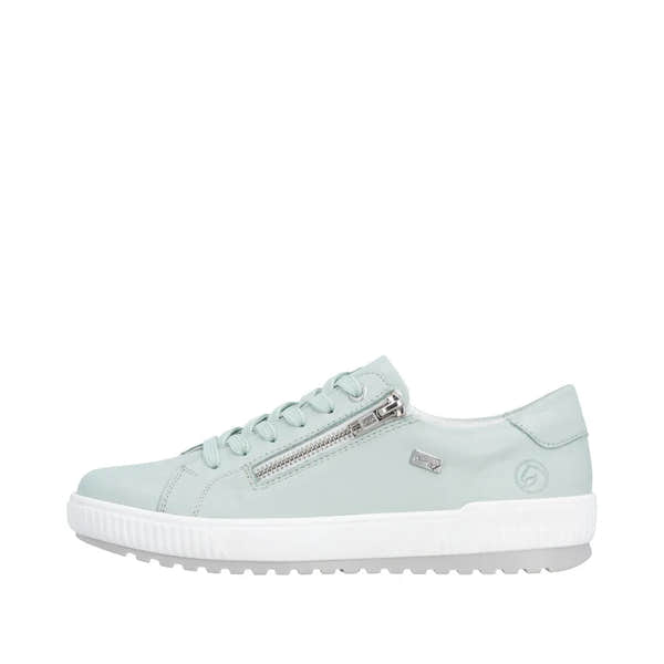 Ladies mint leather water-resistant sneaker with lace-up and side zipper detail, white sole, and subtle branding.